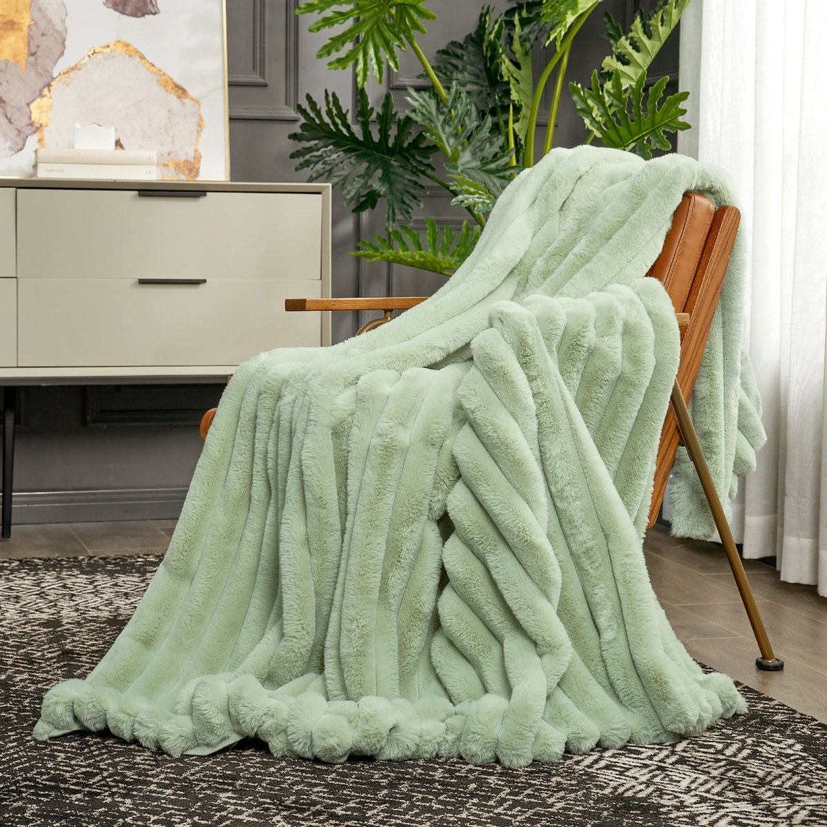 Cozy Bliss Ultra Chunky Striped Faux Fur Throw Blanket in sage green front view #color_Sage Green