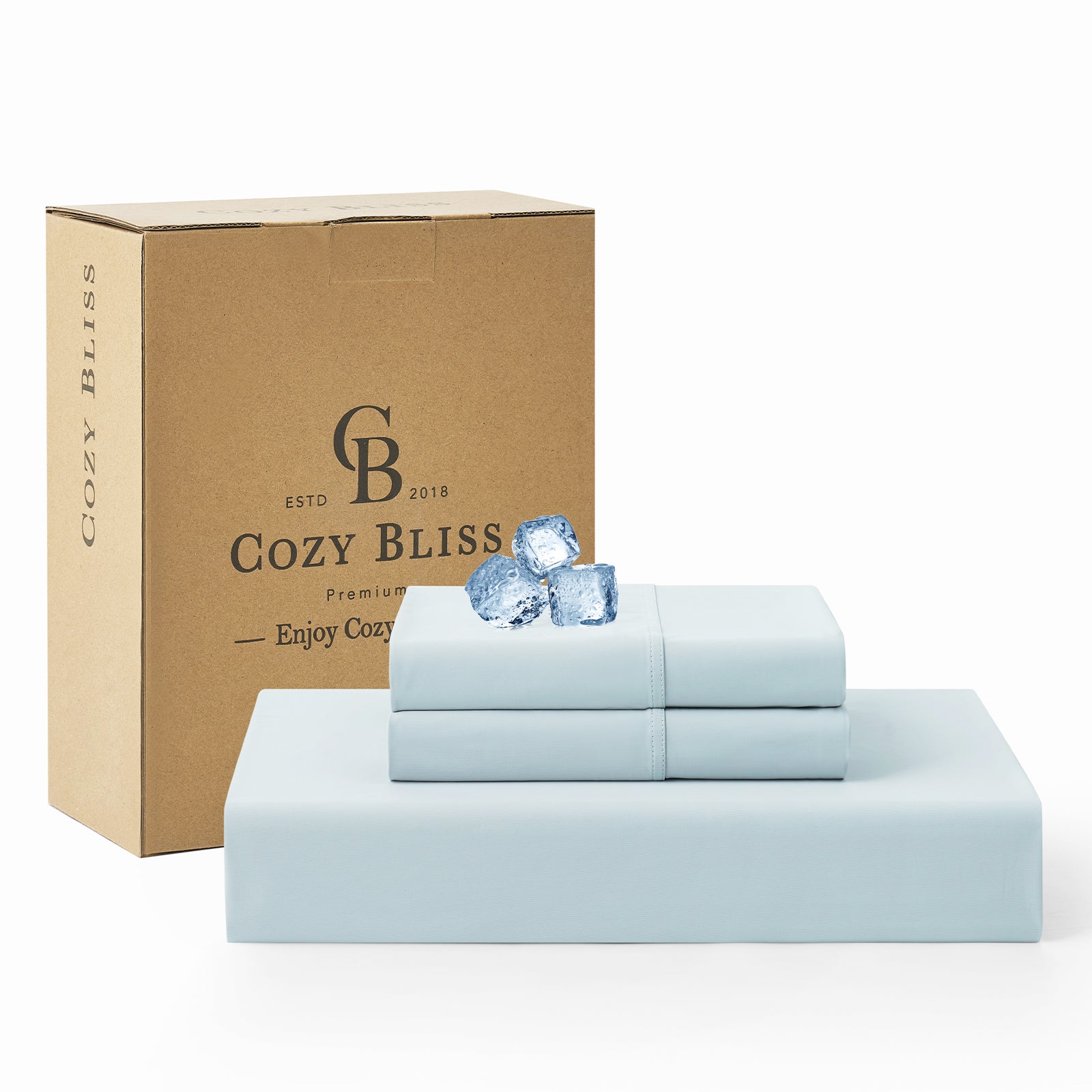 Cozy Bliss cooling fitted sheet set in a box with ice cubes #Color_Cool Blue