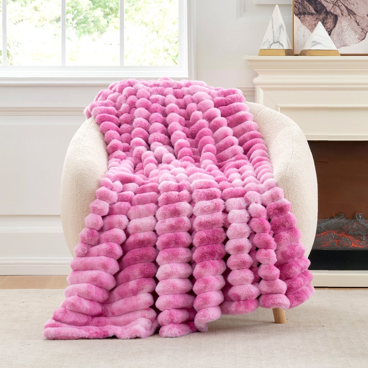 Cozy Bliss Ultra Chunky Striped Faux Fur Throw Blanket in Tie-dye Pink front view. #color_Tie-dye Pink