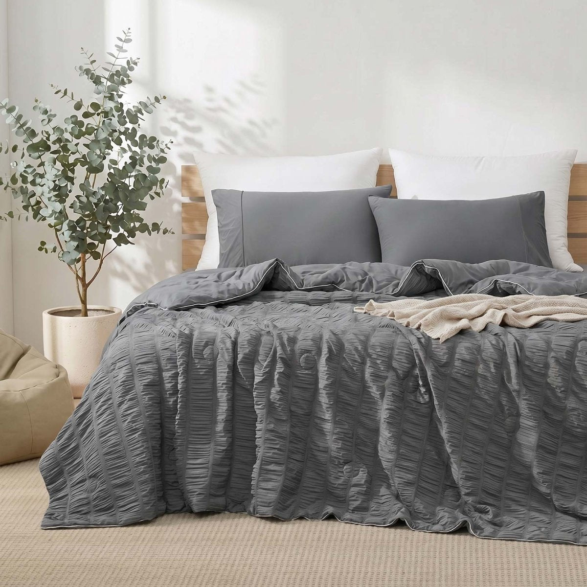 Cozy Bliss white vertical striped seersucker cooling comforter front view. #Color_Charcoal Grey