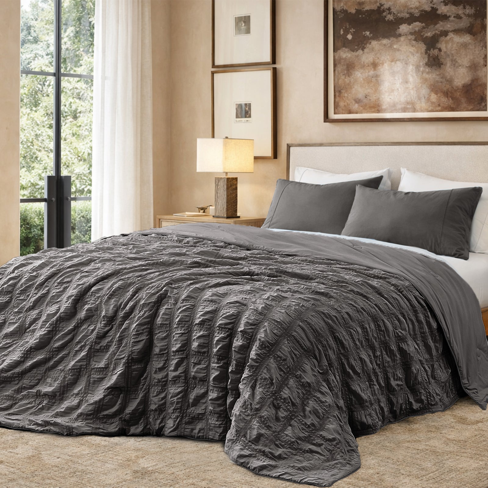 Cozy Bliss charcoal grey seersucker cooling comforter in cozy bedroom, breathable lightweight bedding with textured fabric.#color_Charcoal Grey