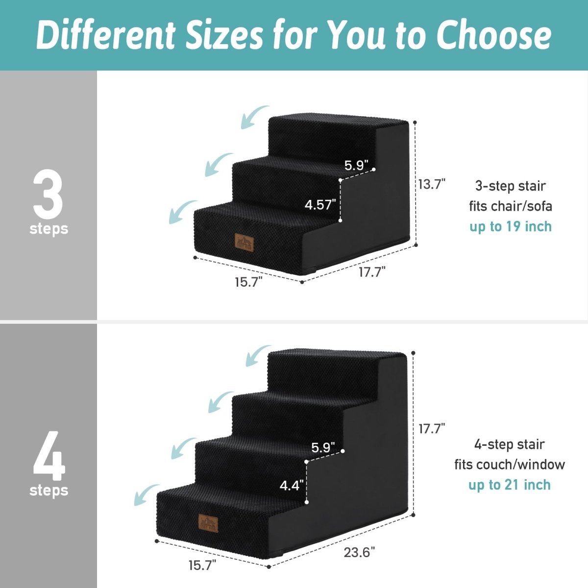 Different sizes of 3-step and 4-step Cozy Bliss foam pet stairs with detailed height measurements. #color_Black