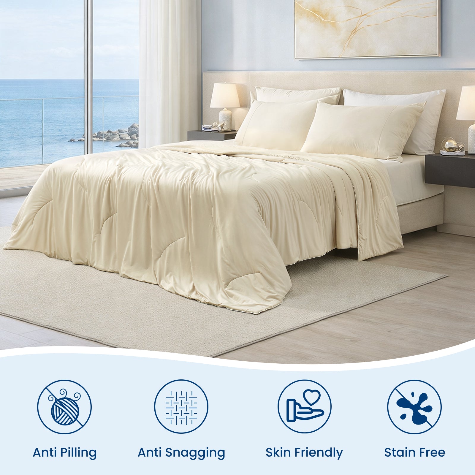 Khaki cooling comforter on bed in coastal bedroom.#color_Khaki