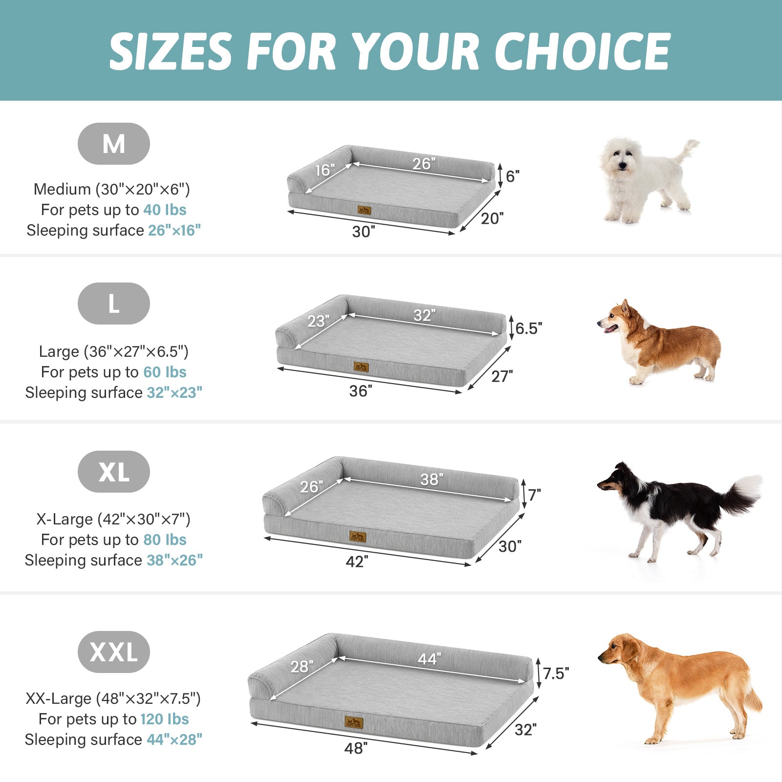 Dog bed size chart with measurements and dog illustrations for different sizes.#color_Grey