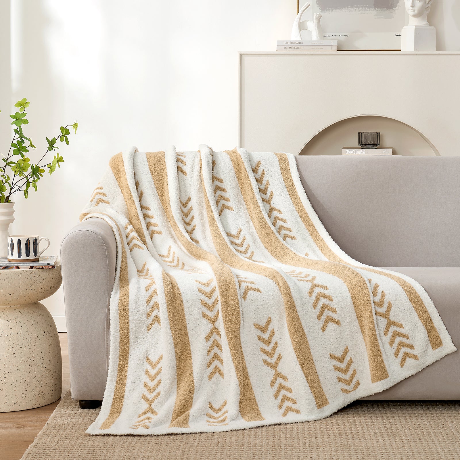 Reversible Boho Feather Yarn Knit Throw Blanket