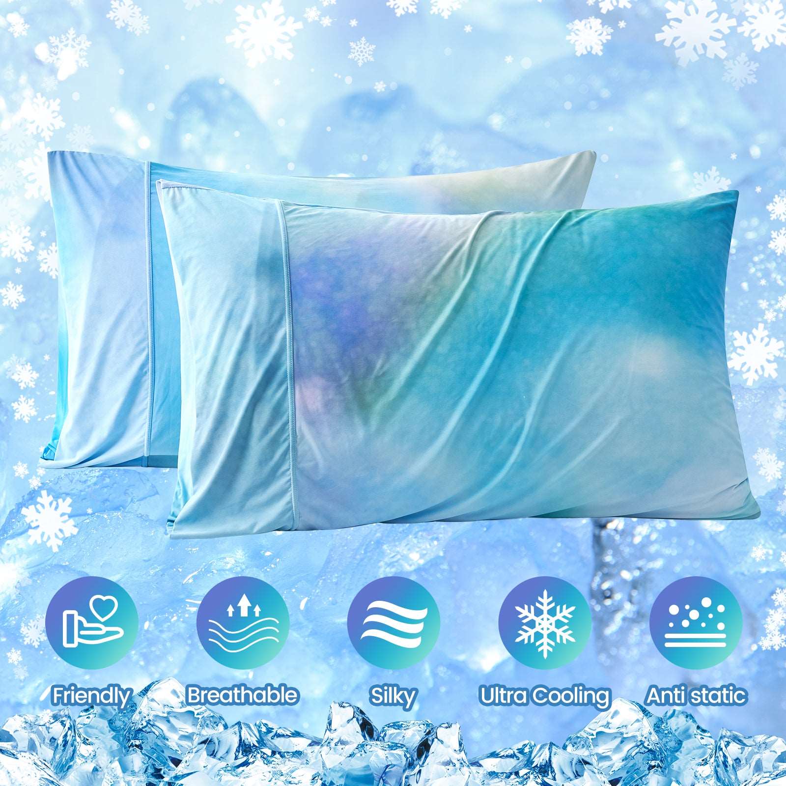 Cooling pillowcases with blue watercolor design and cooling features