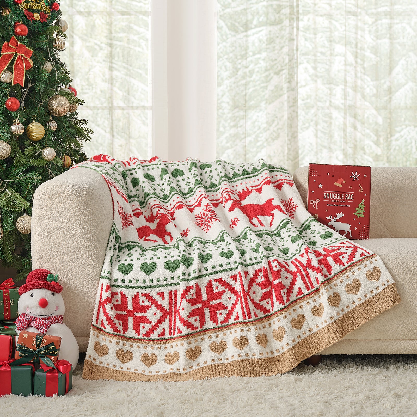 Cozy Bliss x SS Reversible Fairy Isle Reindeer Feather Yarn Throw Blanket