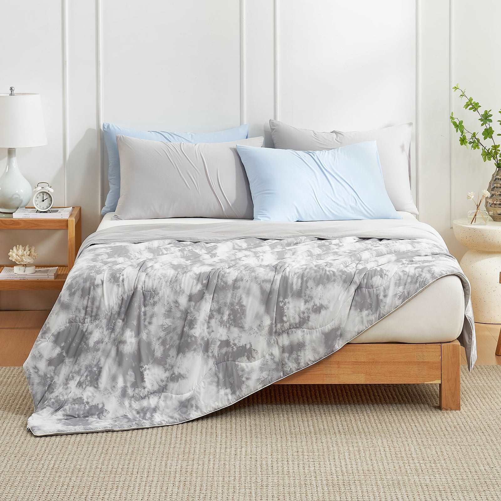 Gray tie-dye cooling comforter on a bed, Cozy Bliss product  #color_Tie Dye Grey