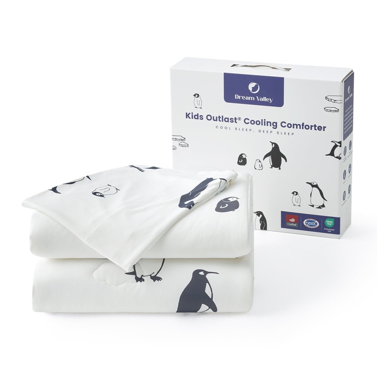 White cooling comforter with penguin pattern and packaging on a white background#color_Antarctic Penguin
