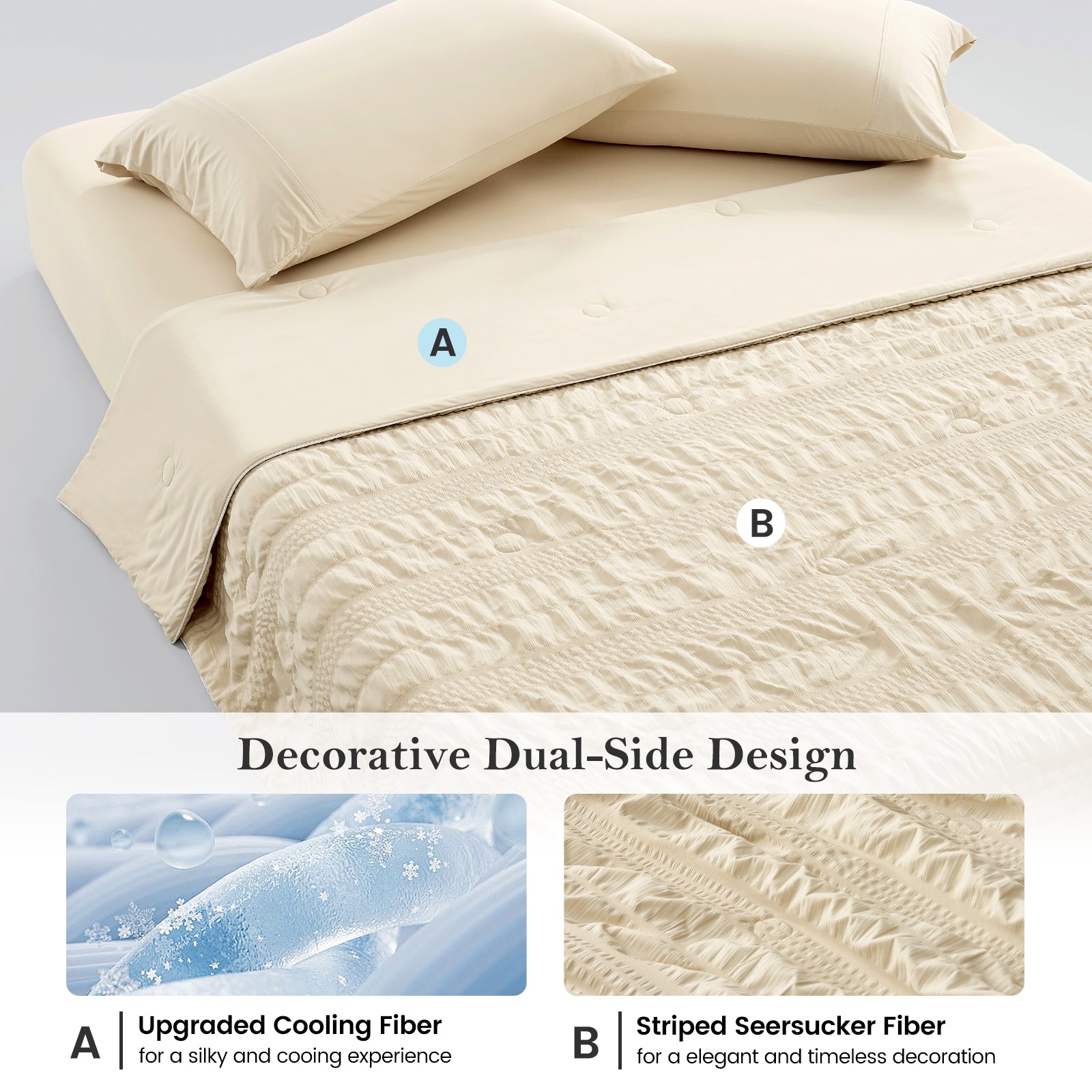 Reversible cooling comforter with dual-side design, silky cooling fabric on one side and textured seersucker on the other.#color_khaki