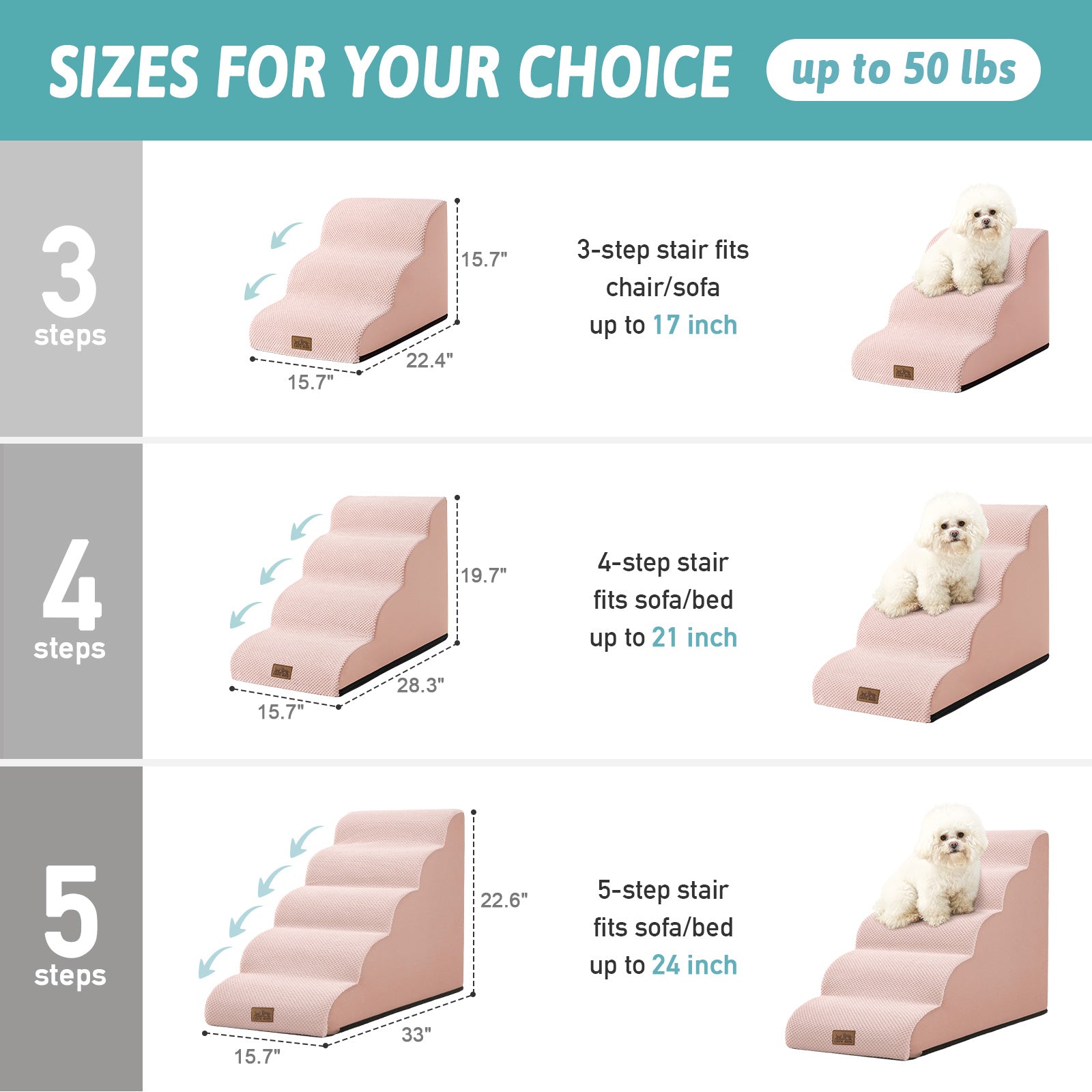 Dog pet stairs with size options and measurements on a blue background#color_Pink