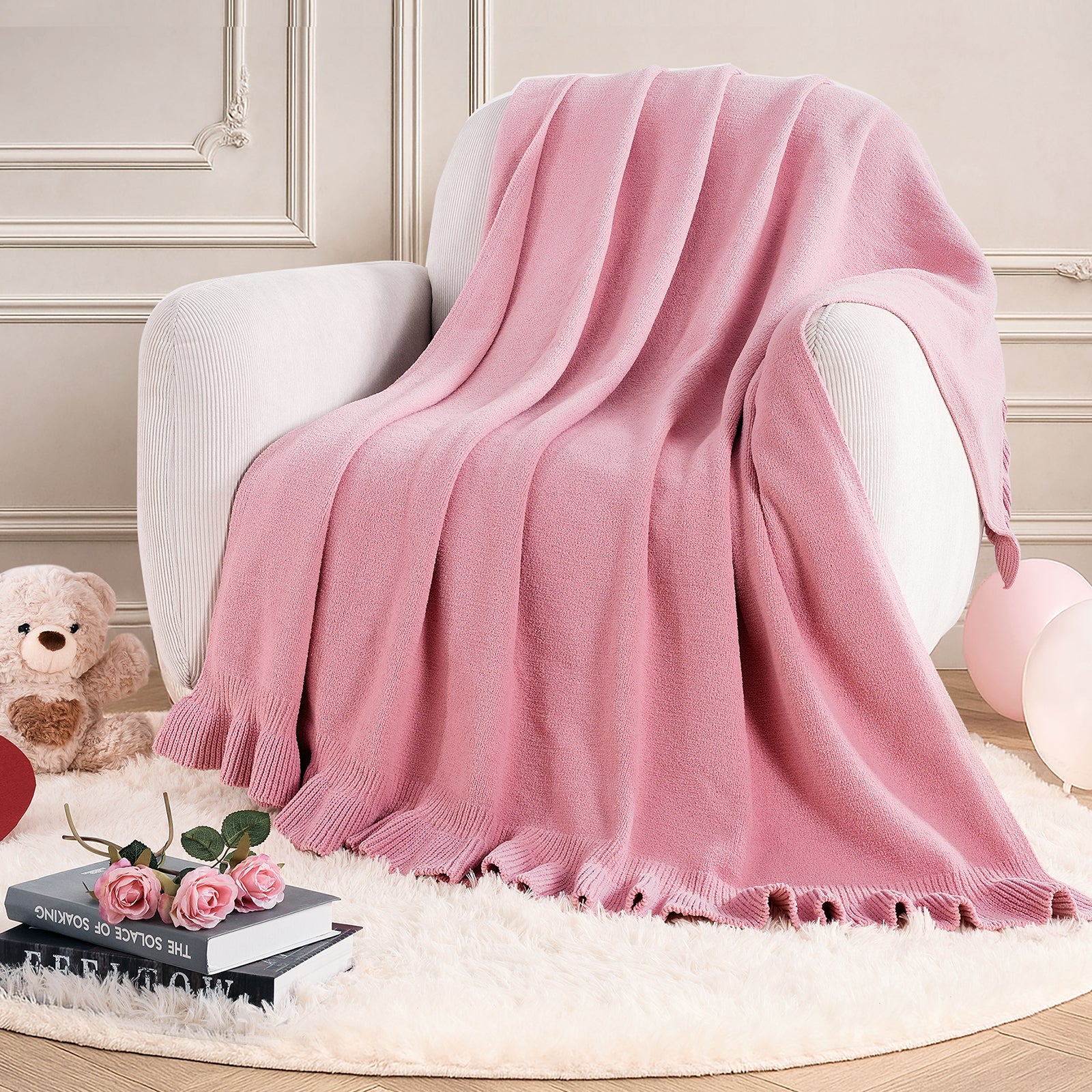 Valentine Pink Ruffle Knit Chenille Throw Blanket