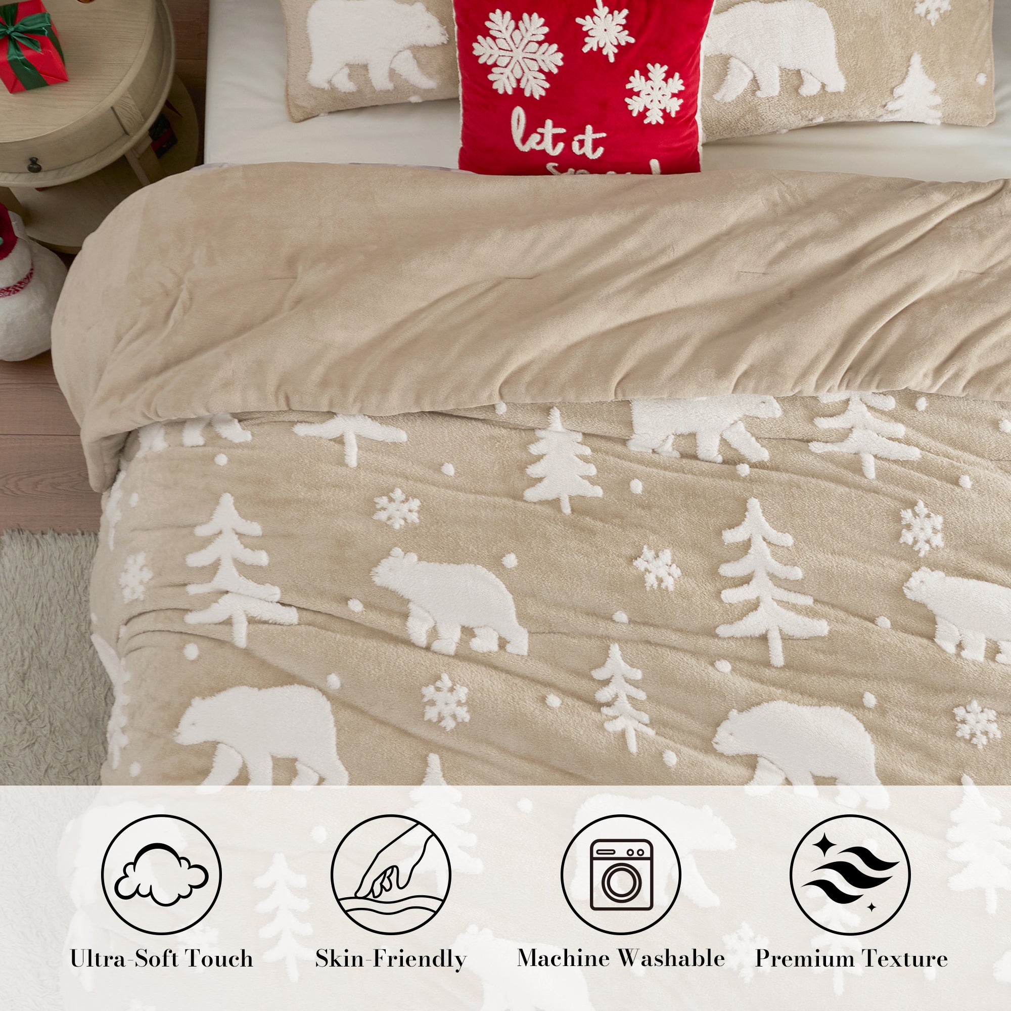 Beige comforter with bear and tree pattern on a bed, featuring Christmas-themed pillows. #Color_Polar Bear