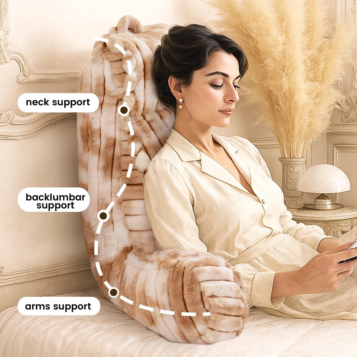 Cozy Bliss faux fur reading pillow providing back lumbar and arm support for cozy reading time #color_Tie-dye Beige