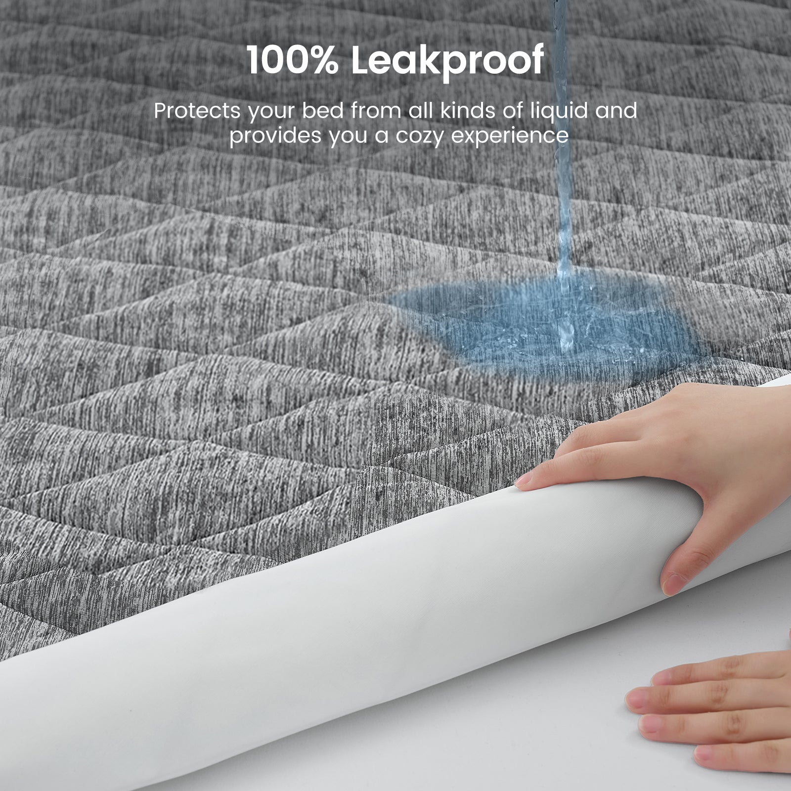 Leakproof mattress protector being rolled out over a bed with water being poured on it. #color_Grey