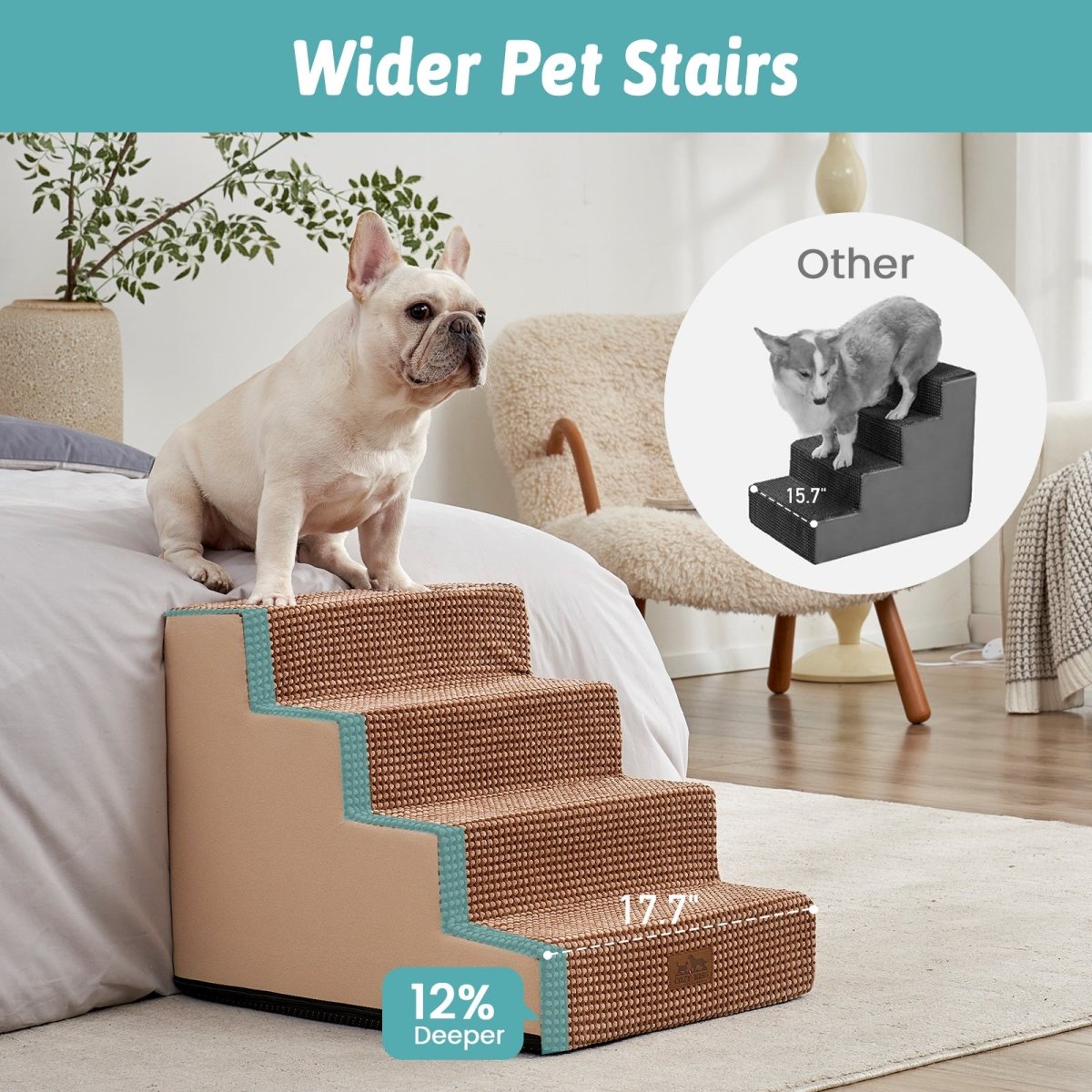 Wider Cozy Bliss foam pet stairs with 12% deeper steps compared to others for better stability. #color_Light Brown