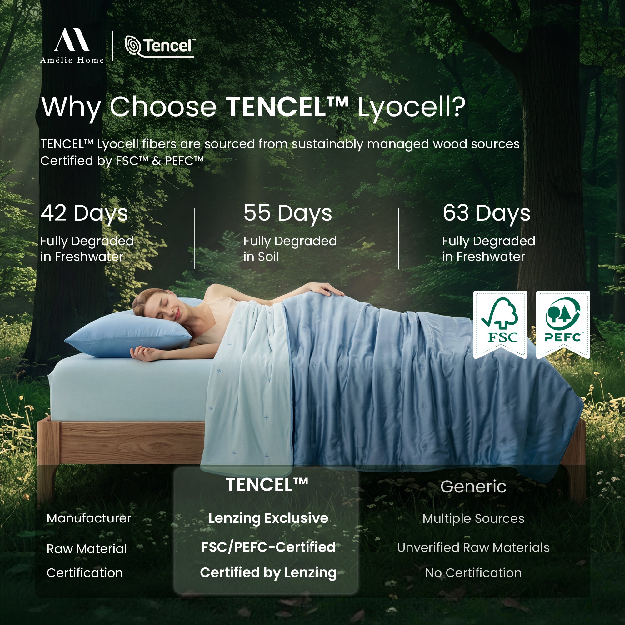 Woman sleeping peacefully under blue silky smooth Tencel™ lyocell cooling comforter.#Color_Blue