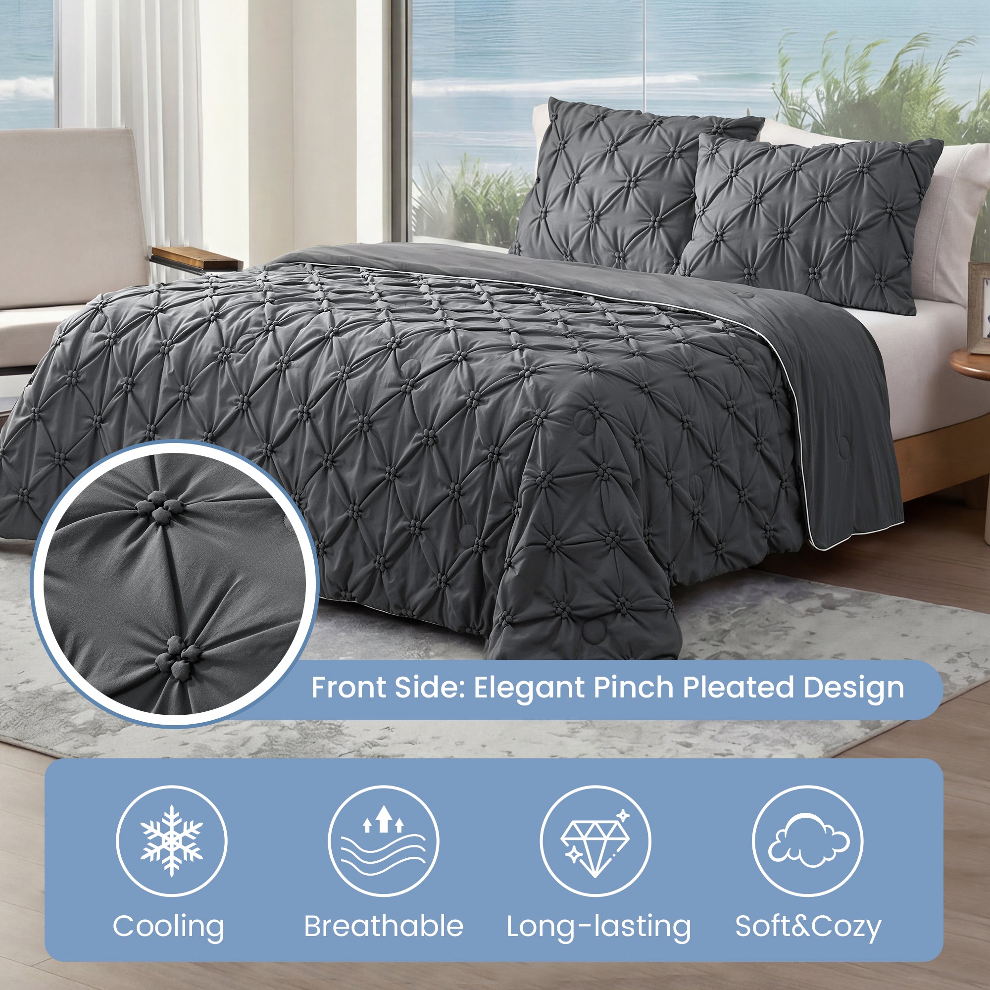 Gray quilted comforter set on a bed with a close-up of the design and product features. #Color_Charcoal Grey