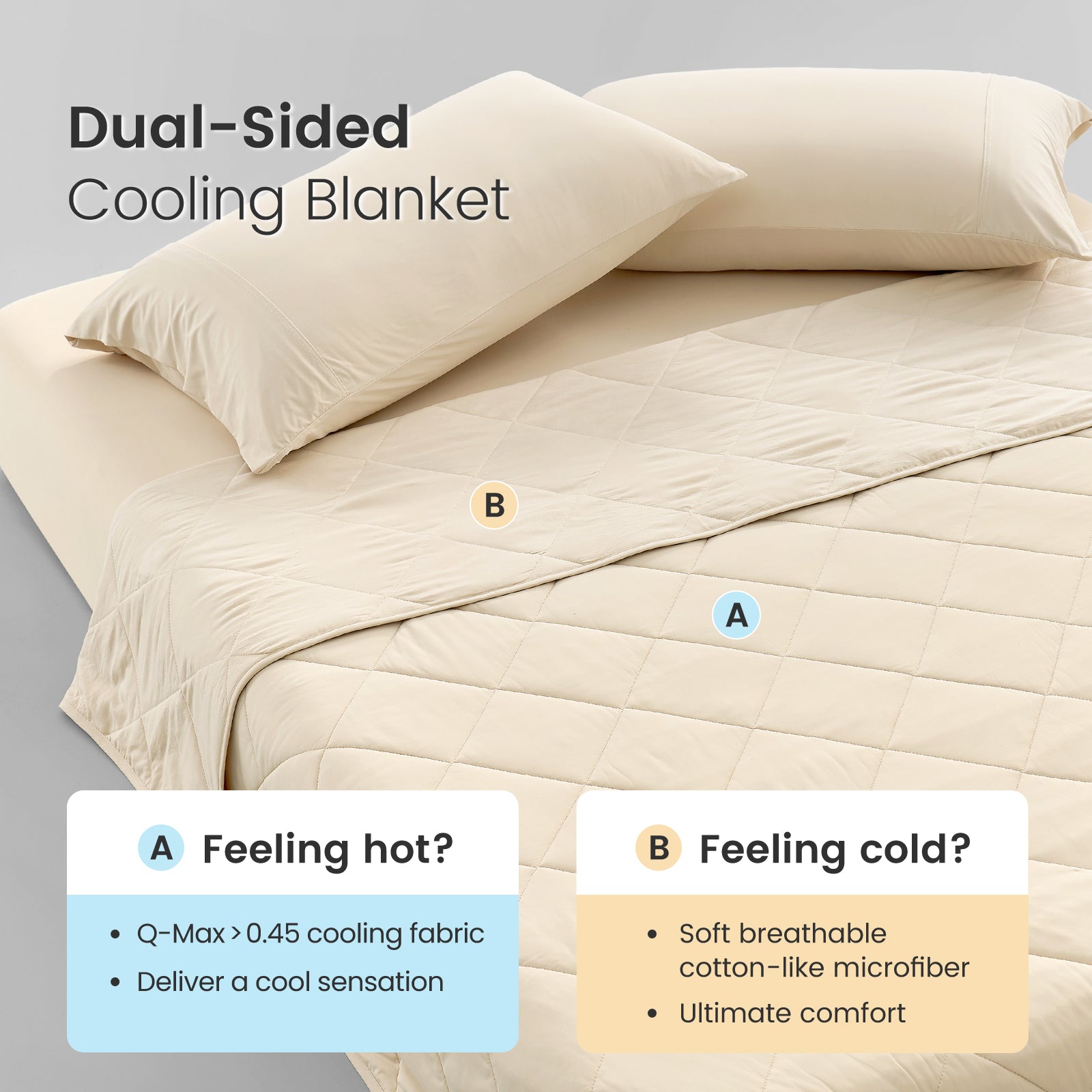 Khaki dual-sided cooling blanket with text indicating different fabric types for hot and cold conditions.  #color_Khaki