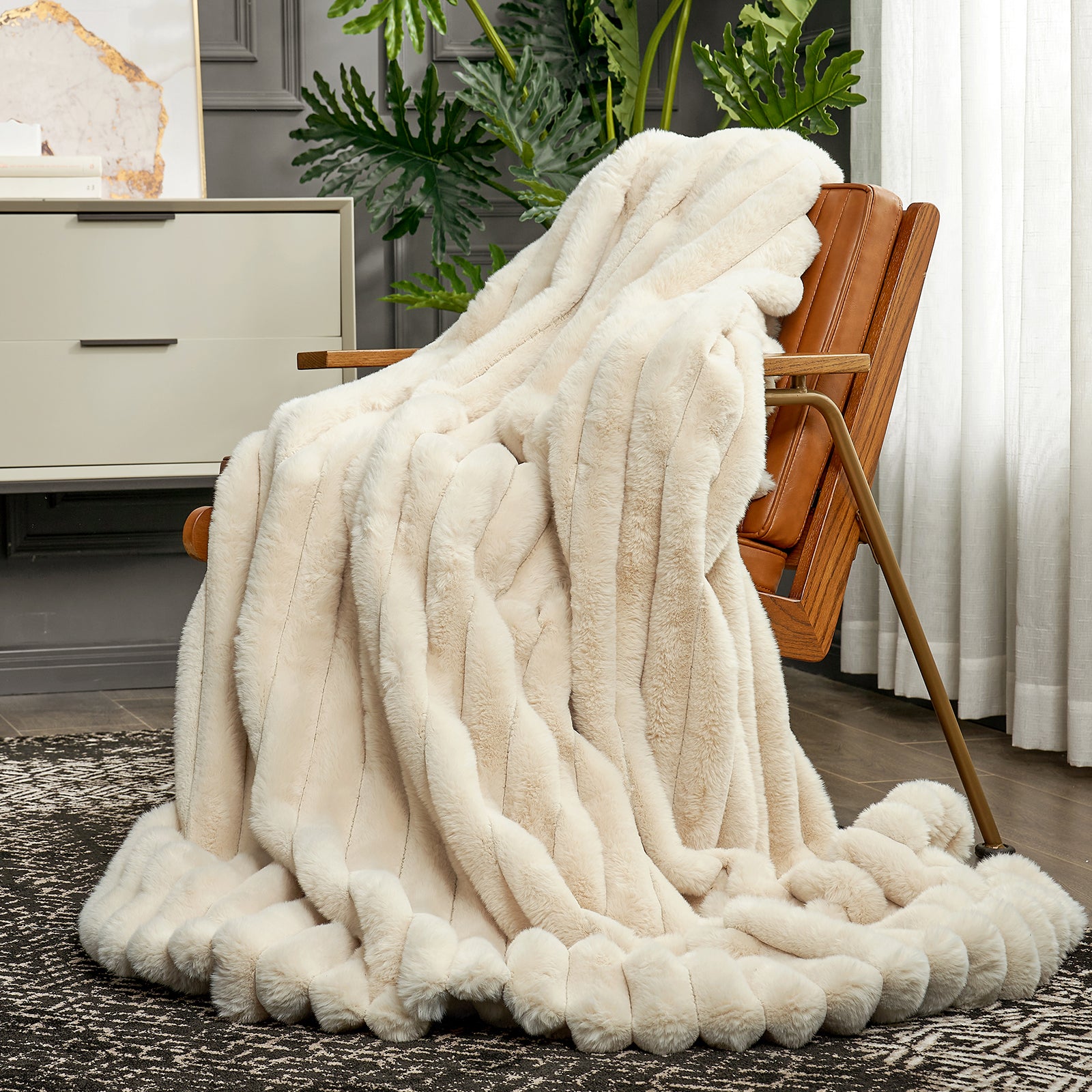 Cozy Bliss cream faux fur blanket on chair, comfortable home decor  #color_Beige