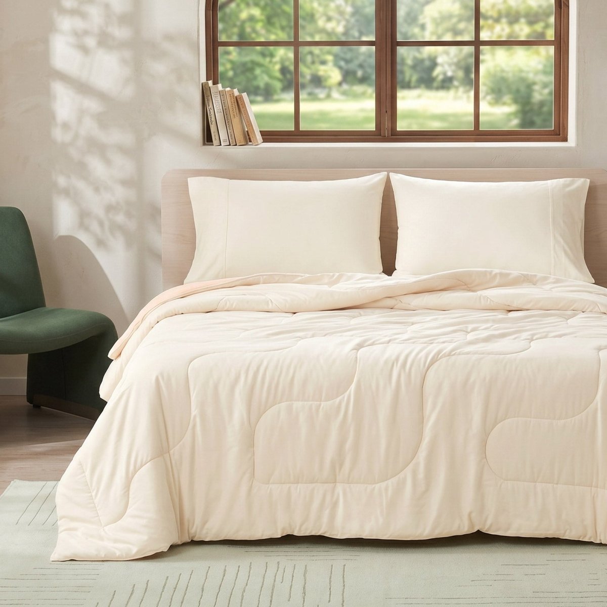 Cozy Bliss Sorona® Natural Fiber Ultra Breathable Cooling Comforter in front view.#color_Ivory