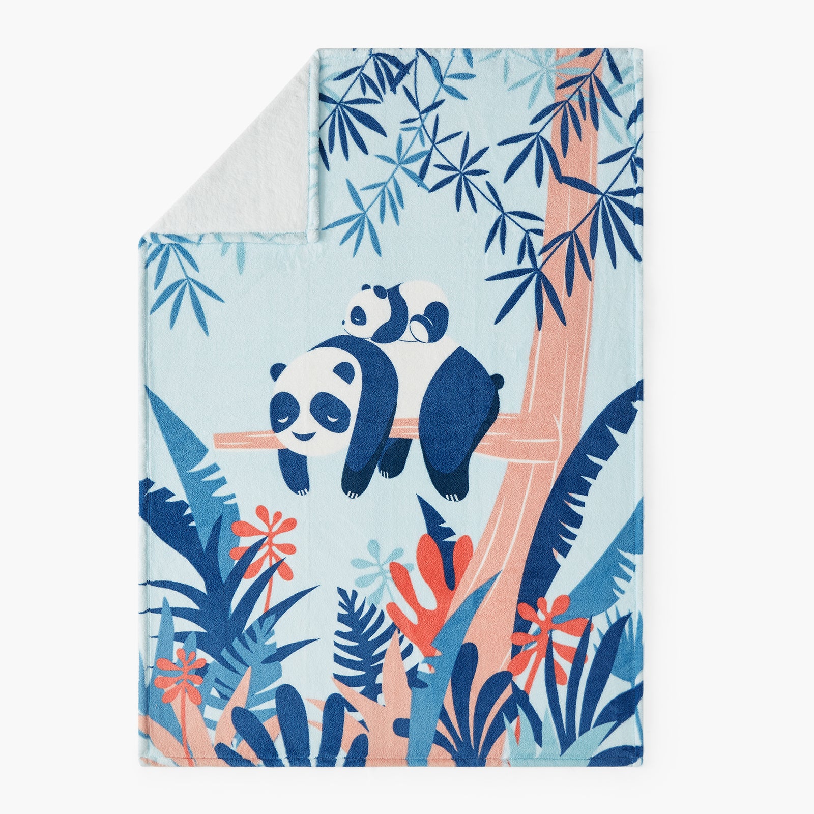 Children's blanket with panda design and tropical leaf pattern on a light blue background #color_Panda Adventure