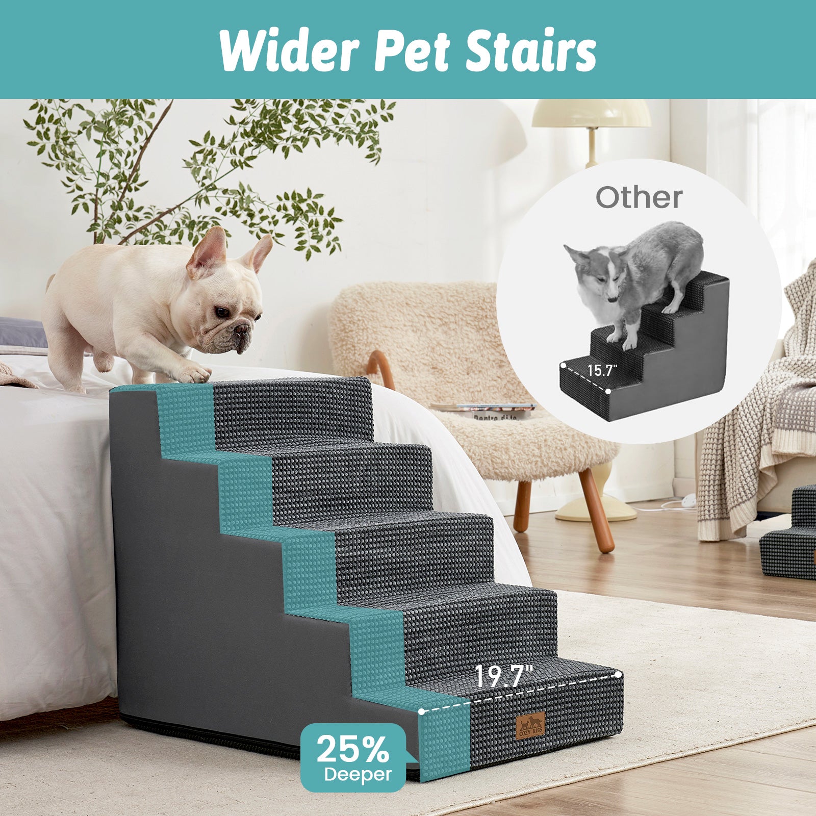 Wider Cozy Bliss foam pet stairs with 25% deeper steps compared to others for better stability. #color_Grey