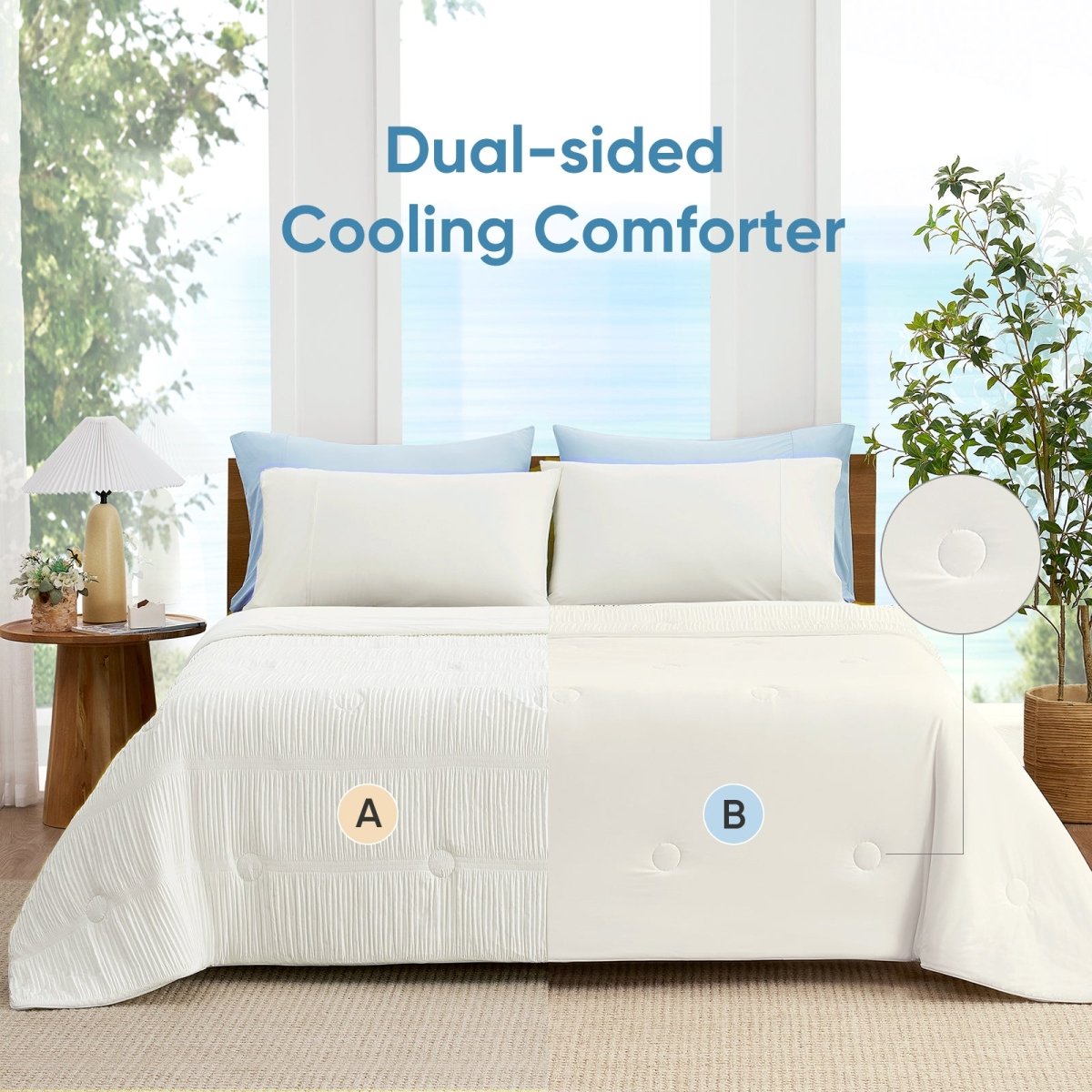 Full bed view of cooling comforter with reversible dual-sided design, showing cooling and breathable sides.#color_Off White