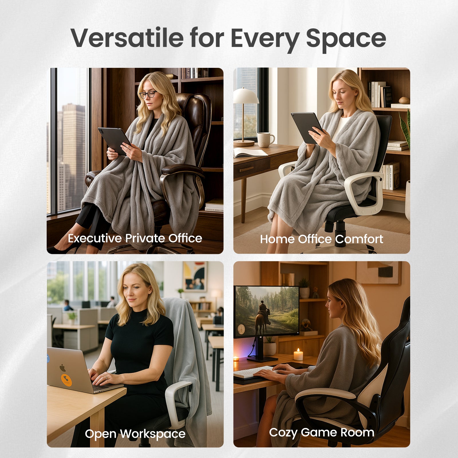Woman using a tablet in various settings with text 'Versatile for Every Space'.