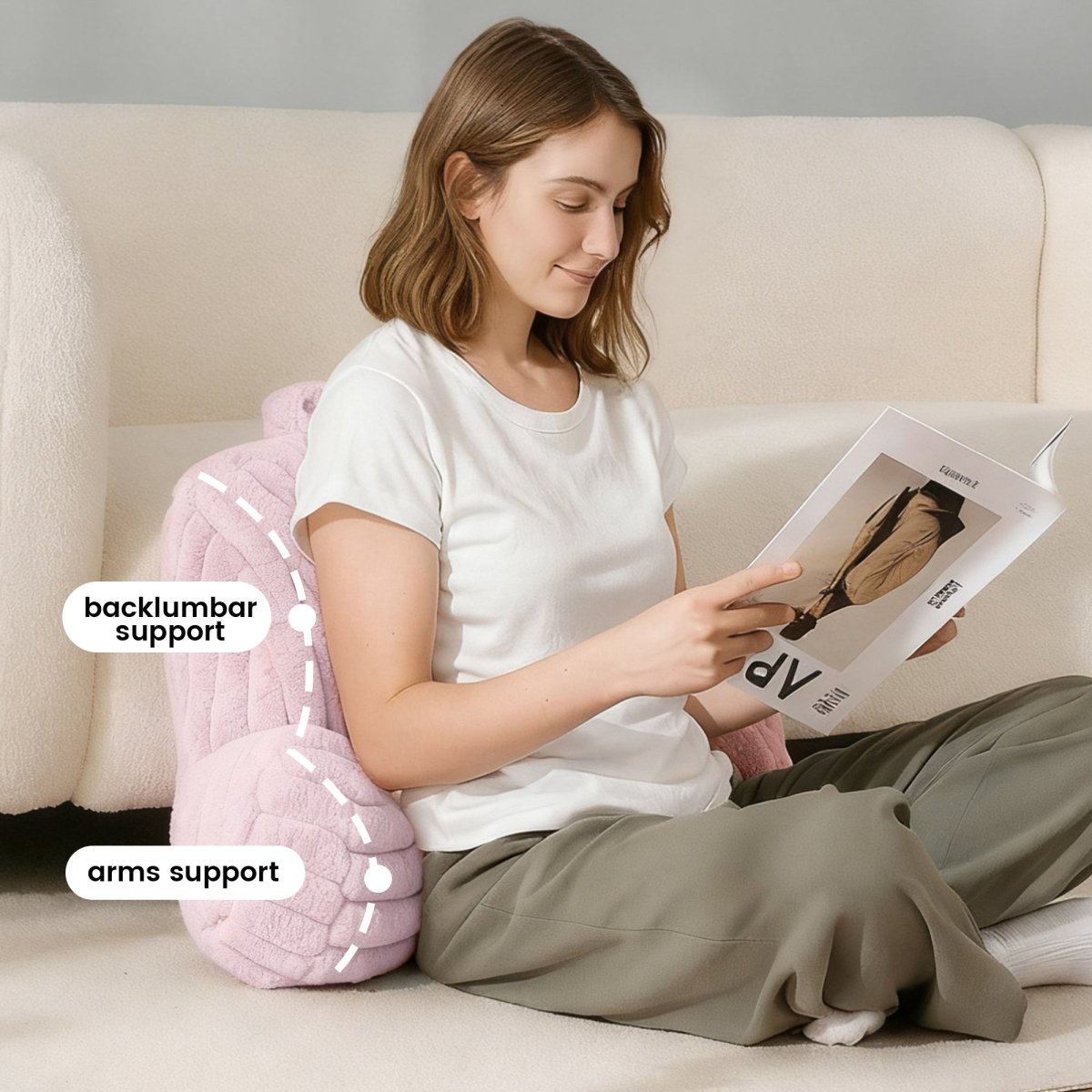 Cozy Bliss faux fur reading pillow providing back lumbar and arm support for cozy reading time #color_Light Pink