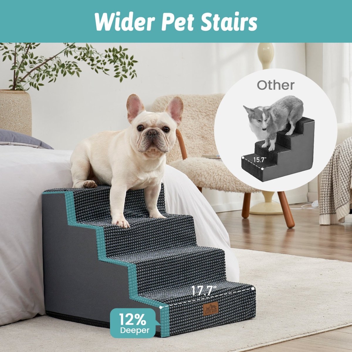 Wider Cozy Bliss foam pet stairs with 12% deeper steps compared to others for better stability. #color_Grey