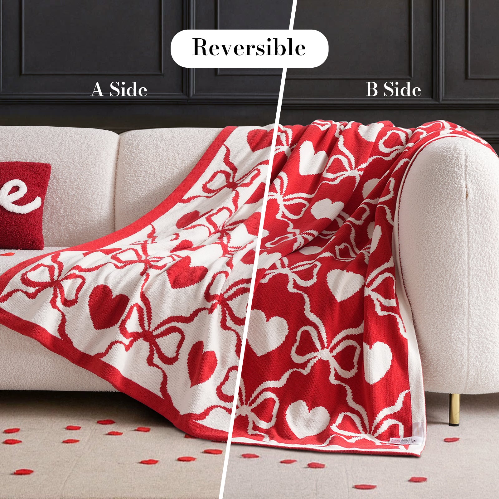Valentine Heart Bow Jacquard Knit Chenille Throw Blanket