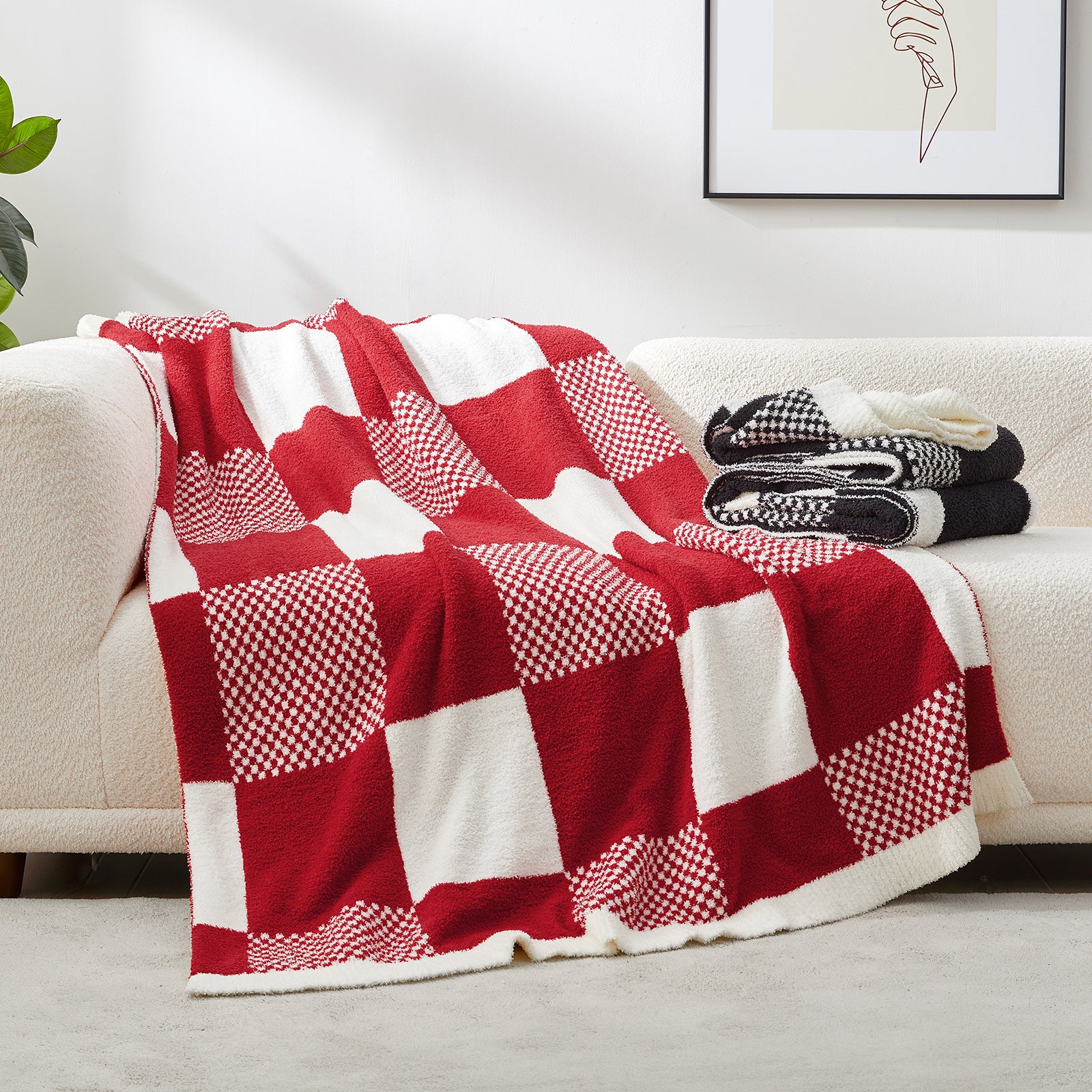 Checkered Feather Yarn Throw Blanket - Romantic Red