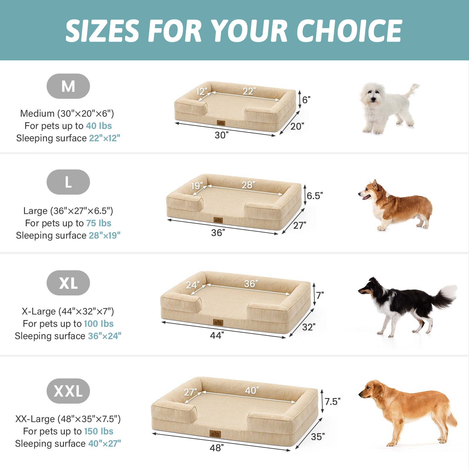 Dog bed size chart with measurements and corresponding dog sizes#color_Beige