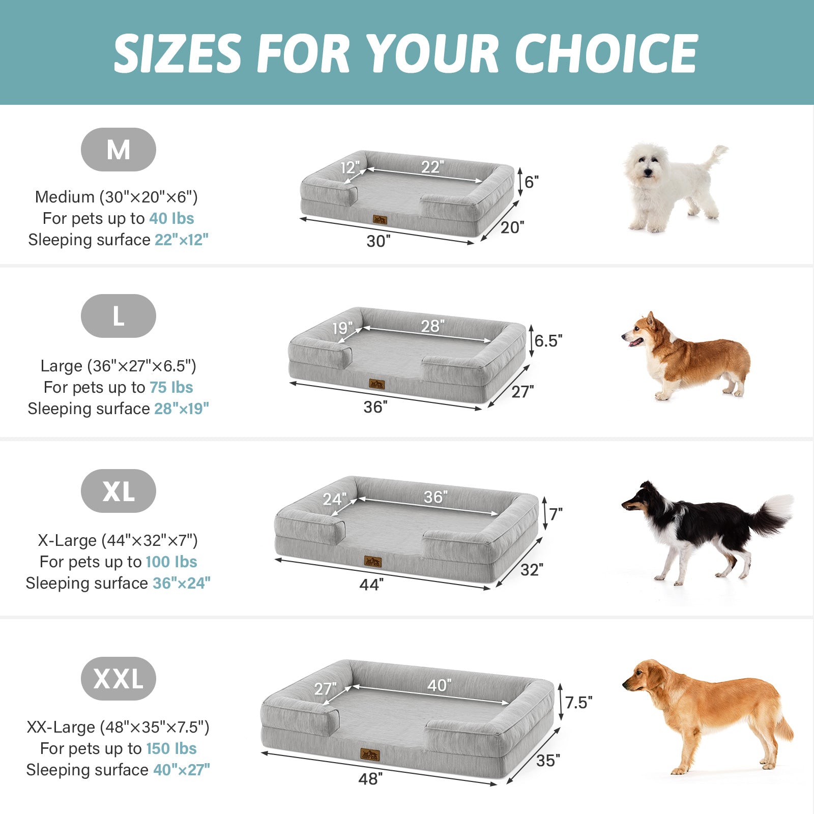 Dog bed size chart with measurements and suggested pet weight for each size.#color_Light Grey