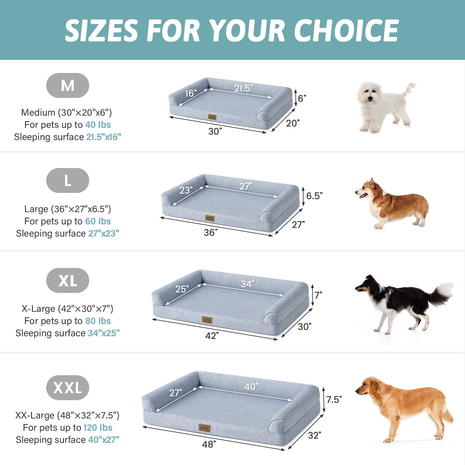 Dog bed size chart with measurements and corresponding dog breeds for each size.#color_Cool Blue