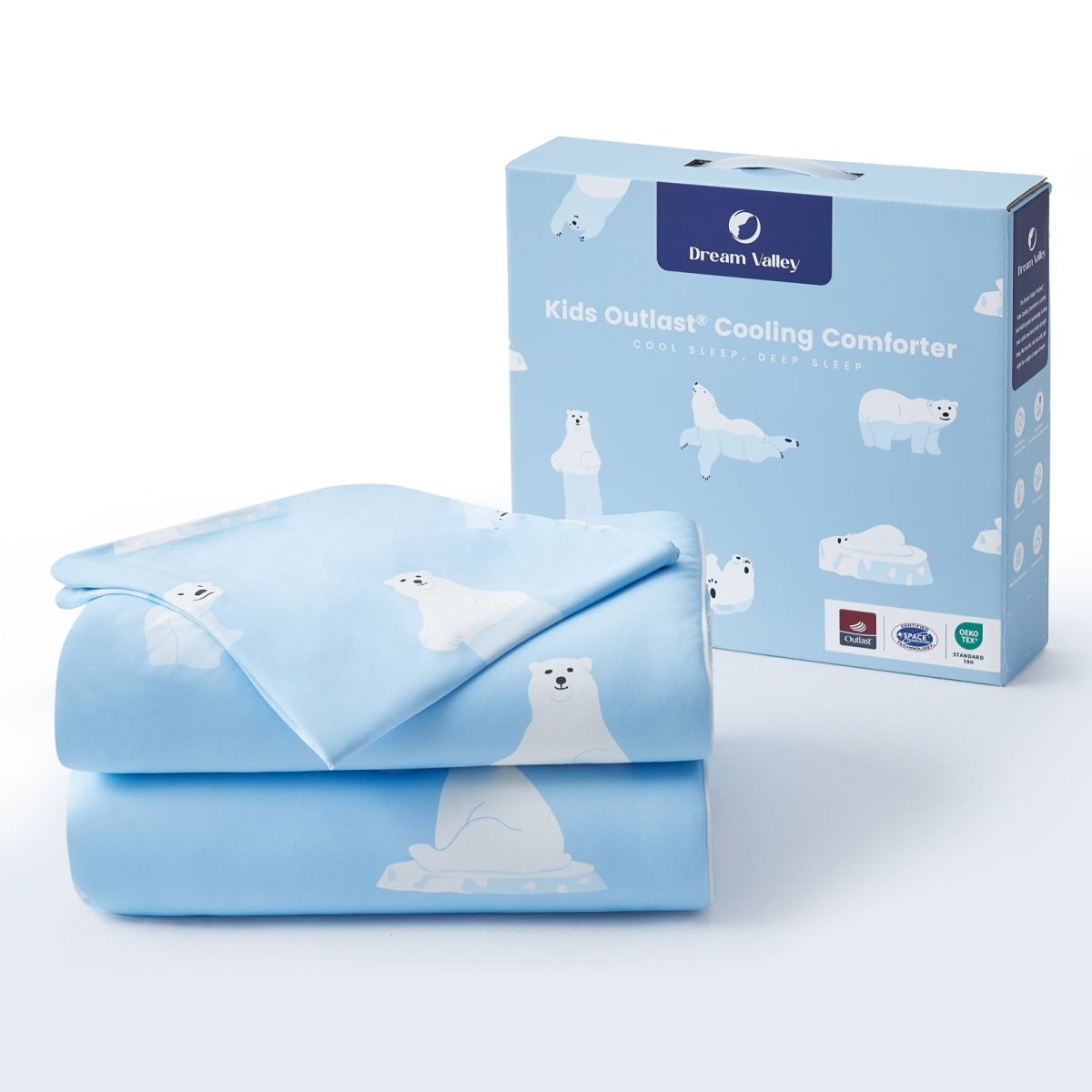 Blue cooling comforter with polar bear designs and packaging on a white background#color_Polar Bear