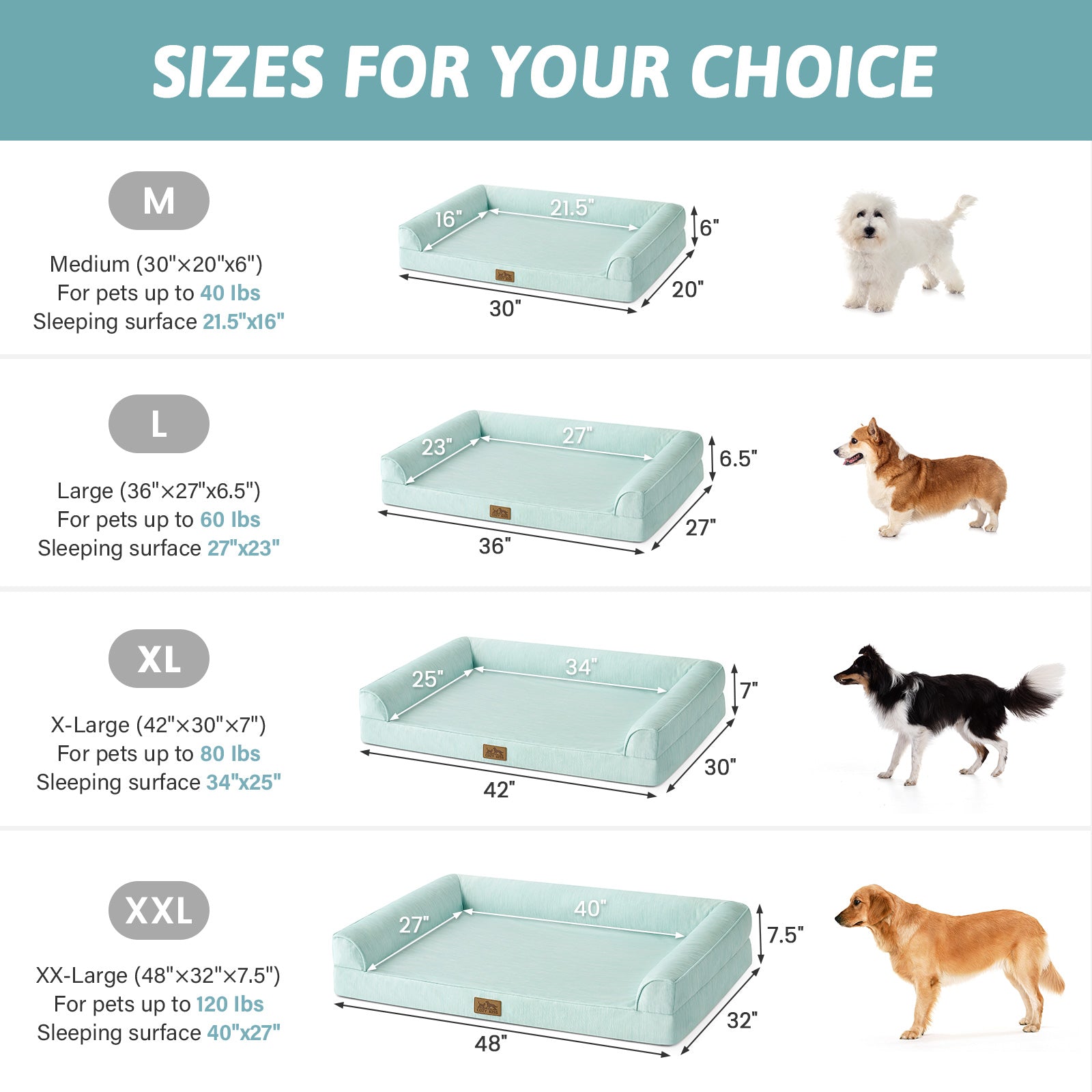Dog bed size chart with dimensions and weight capacity for different sizes.#color_Sage Green