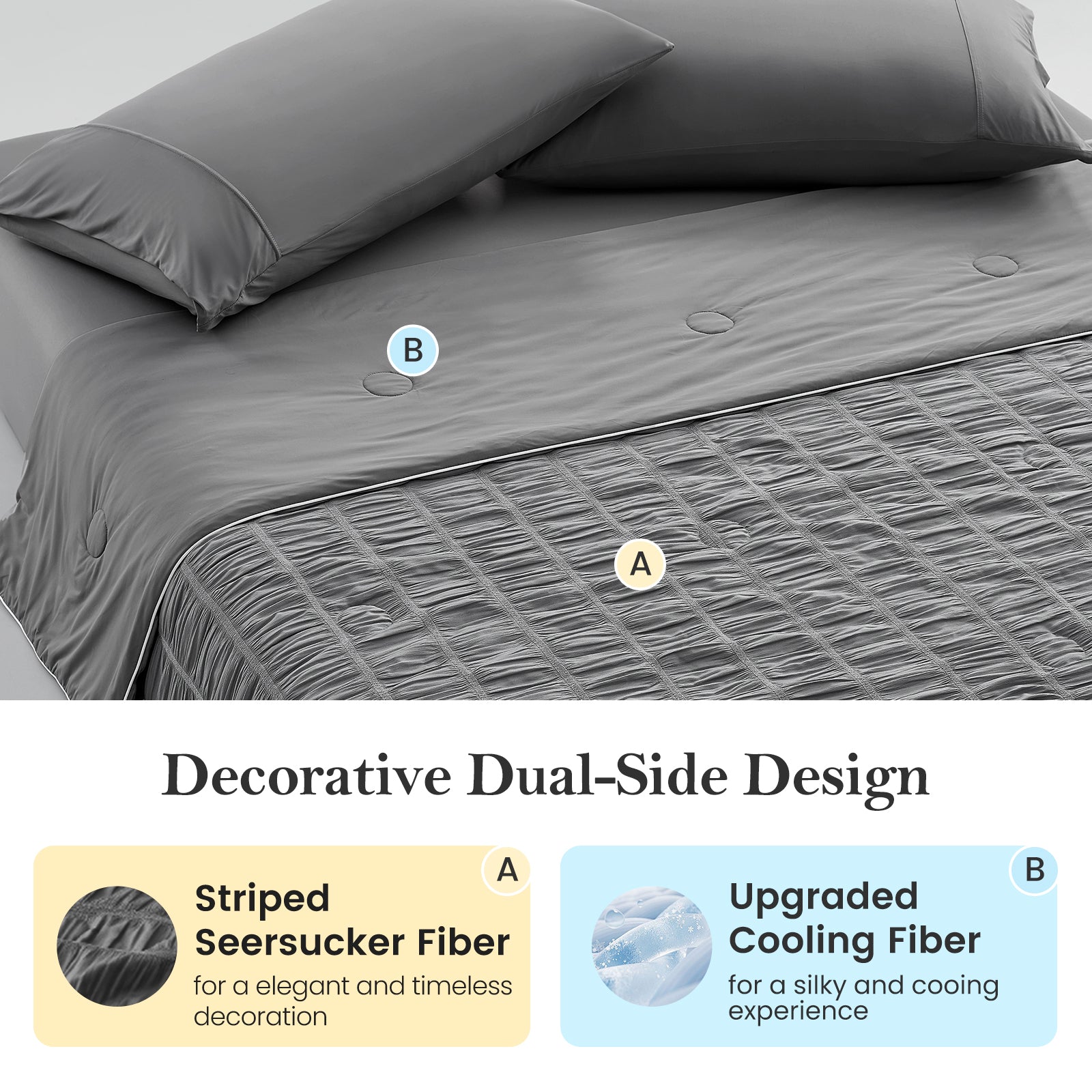 Dual-Side design of Cozy Bliss dark grey Vertical Striped Seersucker Cooling Comforter. #color_Charcoal Grey