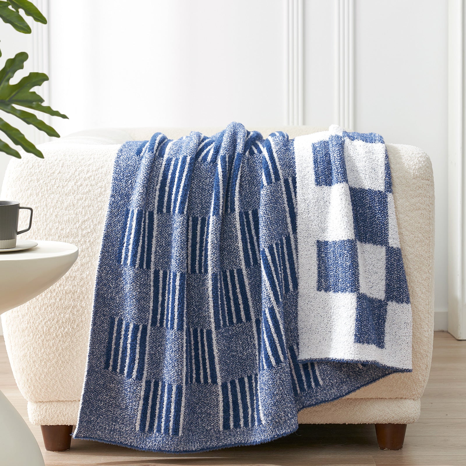 Reversible Heather Checkered Feather Yarn Throw Blanket