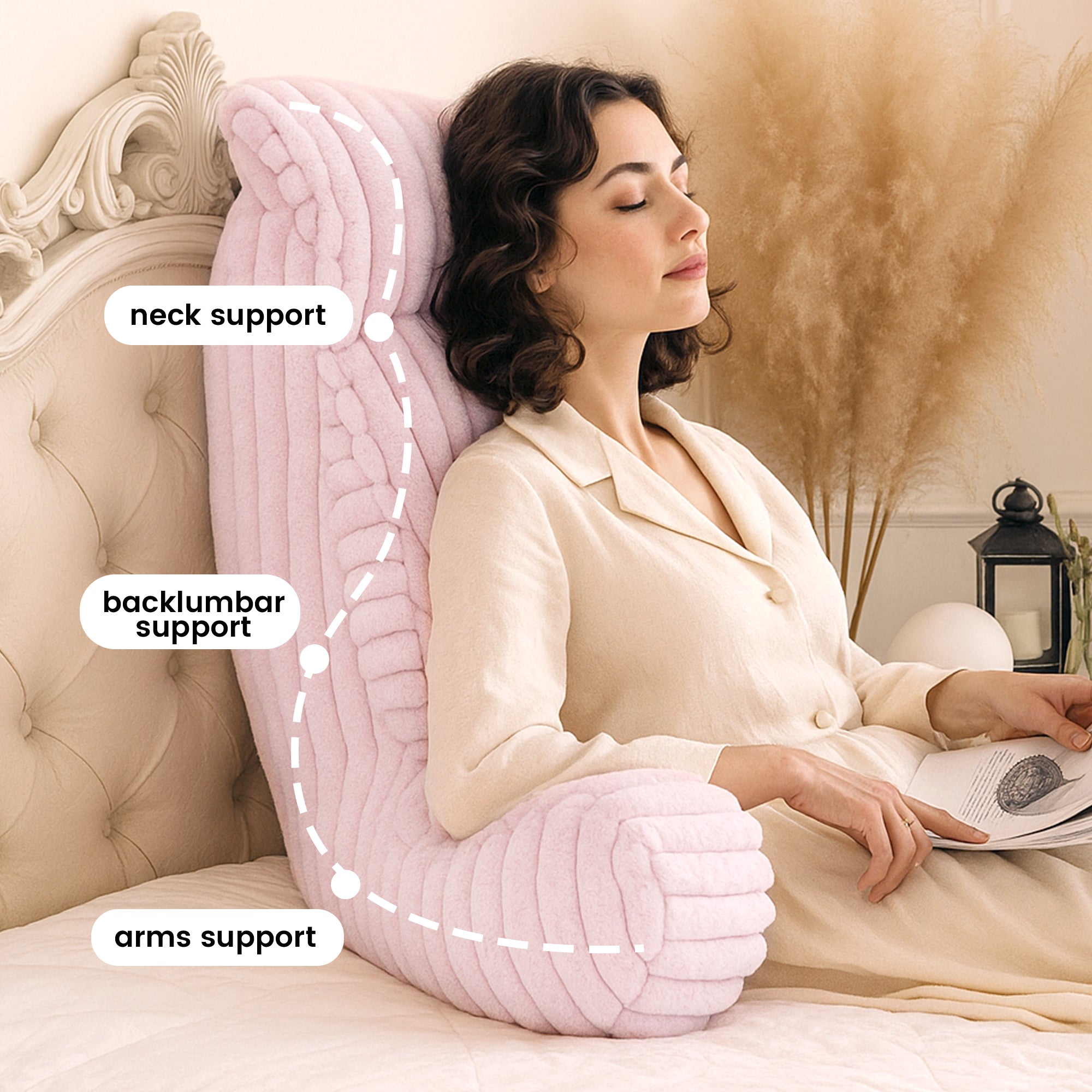 Woman relaxing with a pink backrest pillow providing neck, lumbar and arm support, perfect for reading in bed. #color_Light Pink