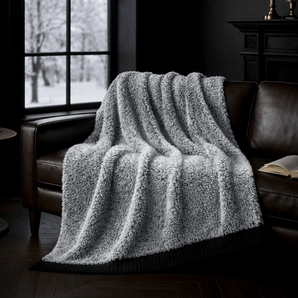 Faux Mink Feather Knit Throw Blanket in Black draped over a sofa in a cozy living room setting, highlighting plush texture and warmth. #color_Black