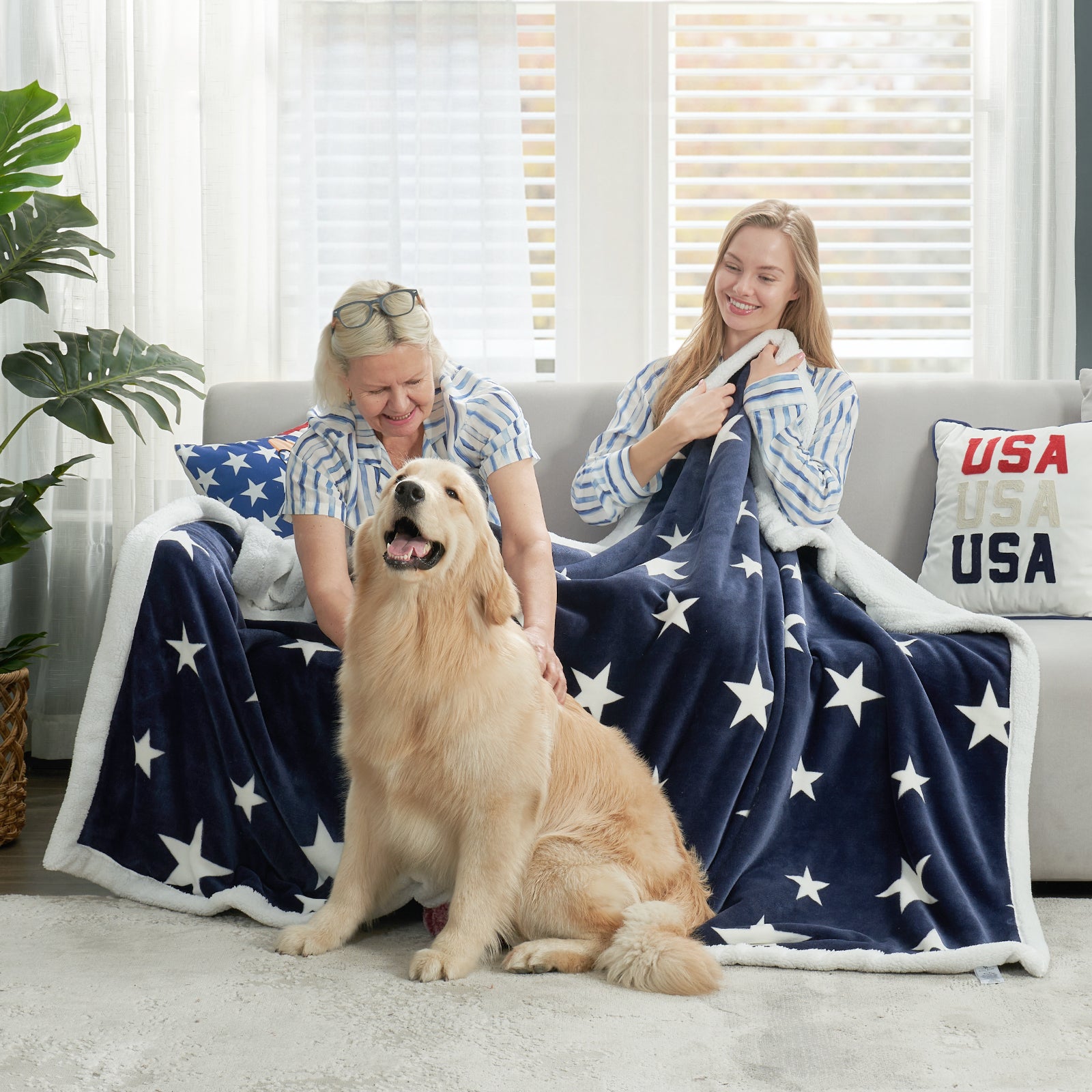 Reversible Sherpa Navy Blue Star Throw Blanket