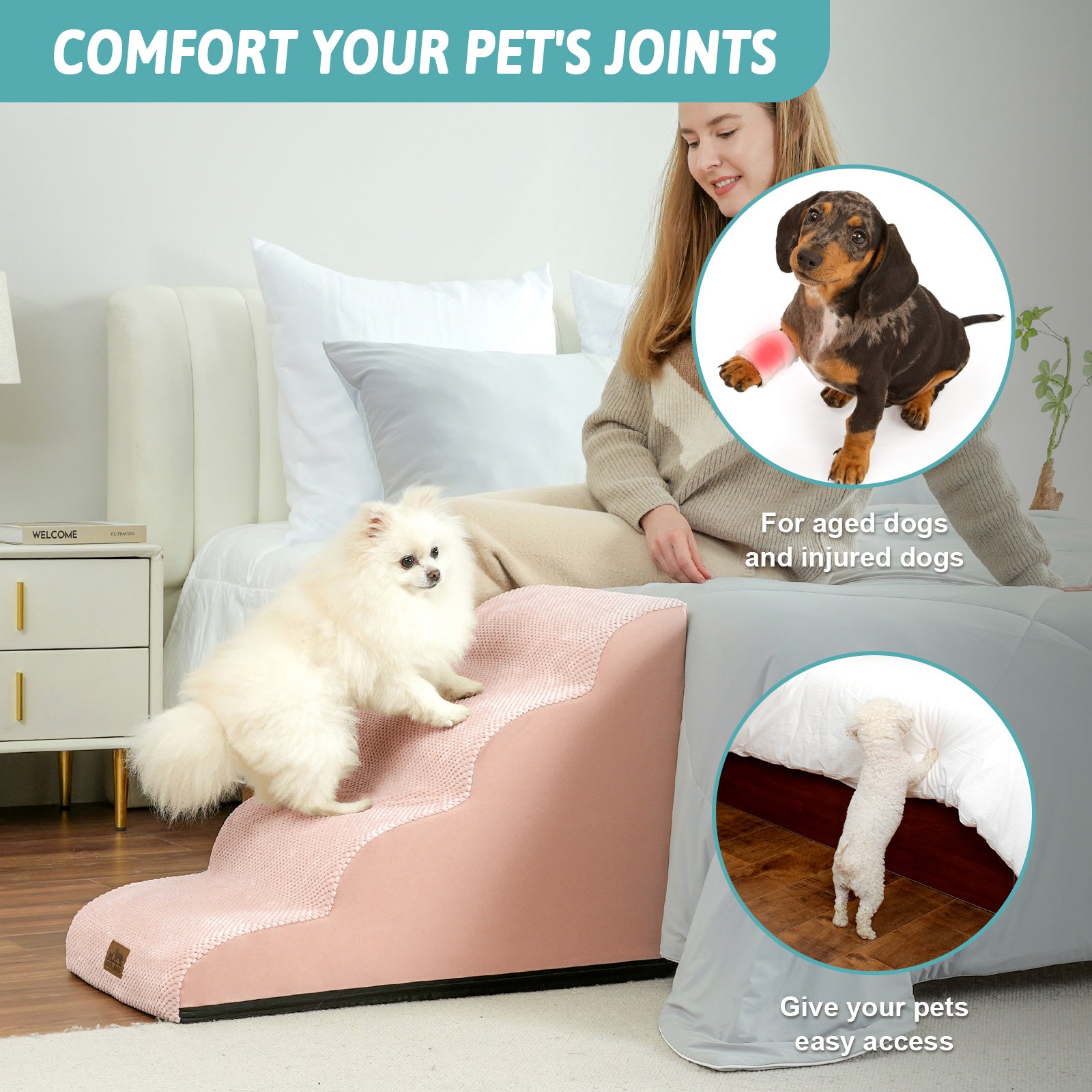 Pet ramp with text 'Comfort Your Pet's Joints' and images of a dog and a person on a bed.#Color_Pink