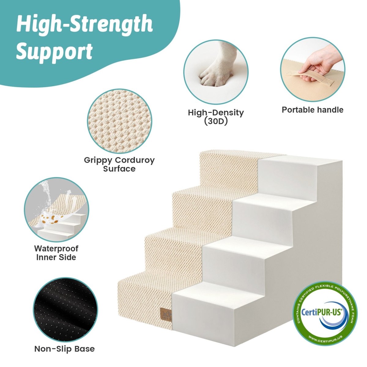 High-strength support of Cozy Bliss foam pet stairs featuring non-slip base, 30D high-density foam, waterproof inner side, and portable handle. #color_Beige