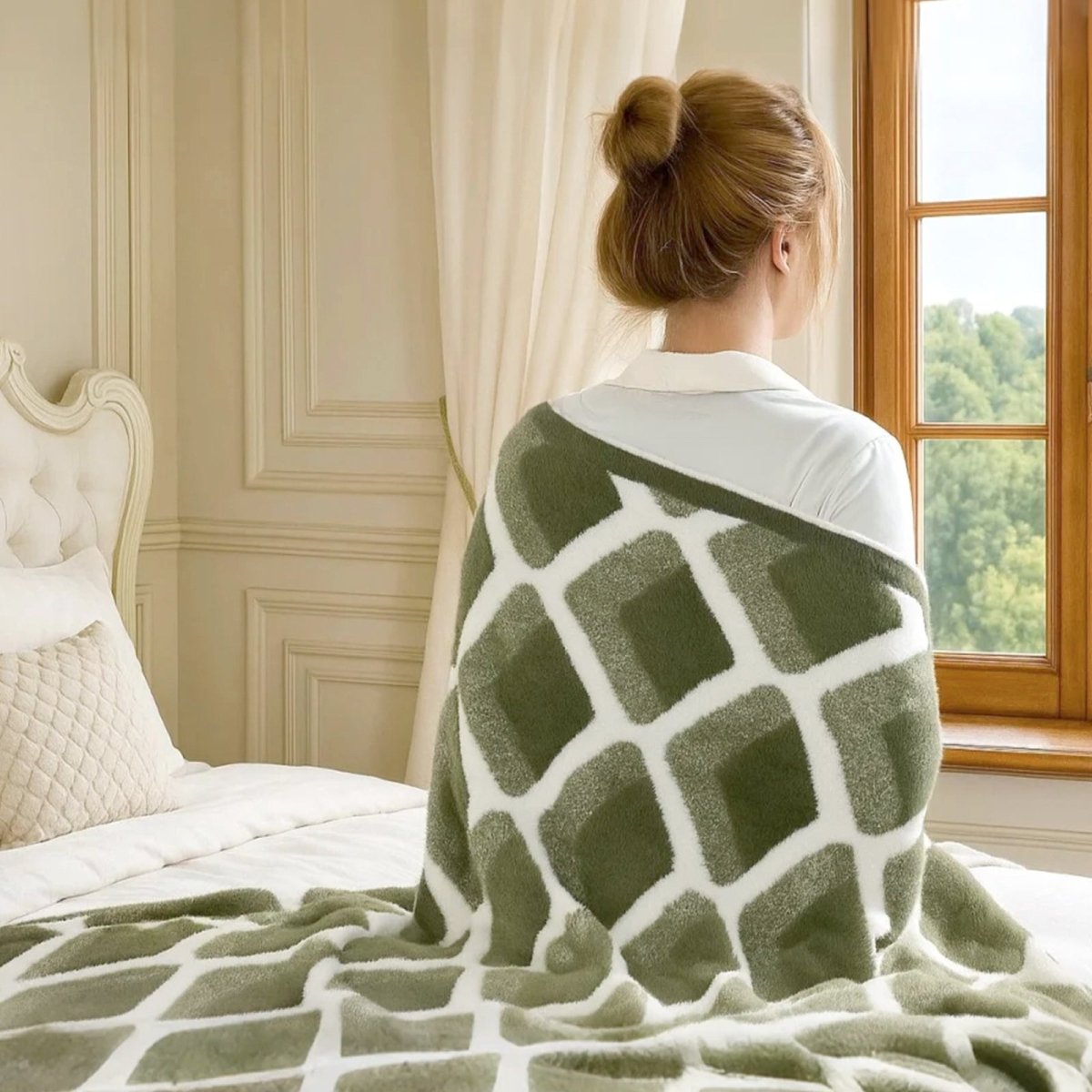 Woman wrapped in Diamond Feather Yarn Throw Blanket in Green sitting by the window, enjoying a cozy and relaxing moment at home. #color_Oliver Green