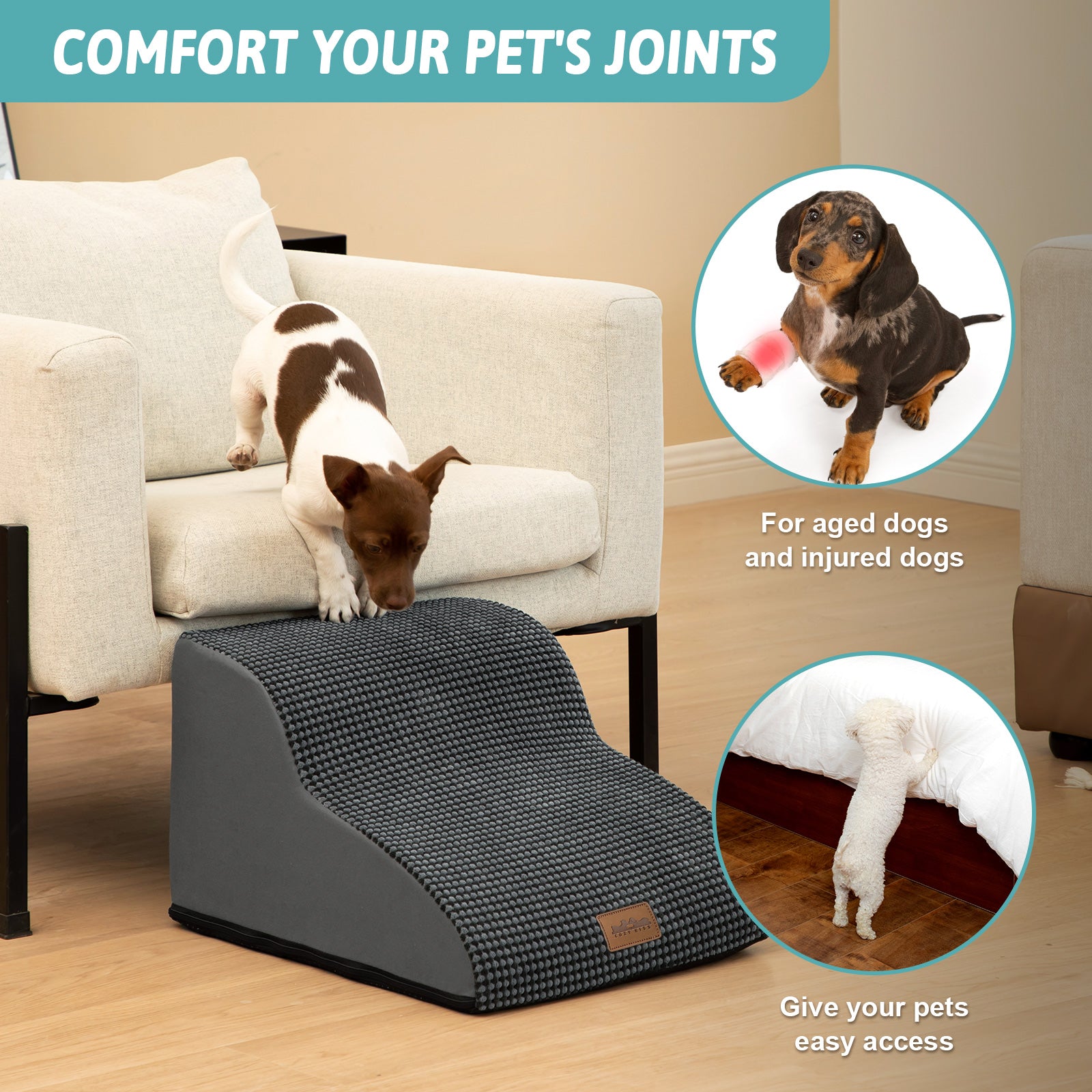 Pet ramp for aged and injured dogs with text on comfort and ease of access.#Color_Charcoal Grey