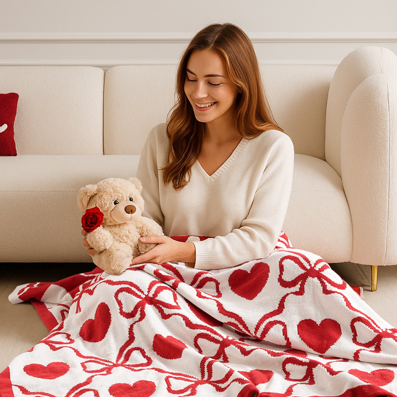 Valentine Heart Bow Jacquard Knit Chenille Throw Blanket