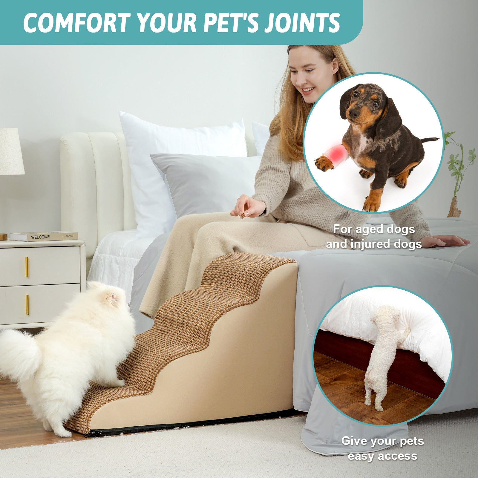 Woman sitting on a bed with a pet ramp, showing pets using the ramp.#color_Light Brown