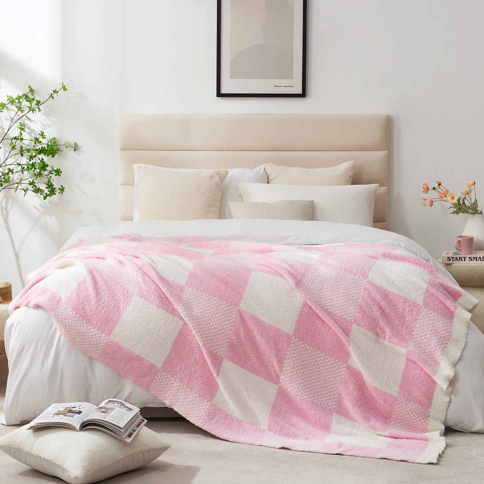 Checkered Feather Yarn Throw Blanket - Romantic Red